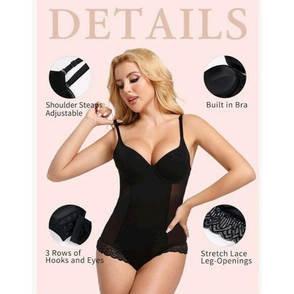 New Slimers Women's XL Black Backless Plunge  Lace  Body Shaper Suit Bra V Neck - Picture 8 of 11